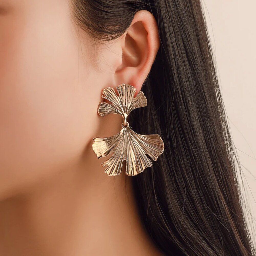 Chunky Ginko Biloba Leaf Statement Earrings in Gold